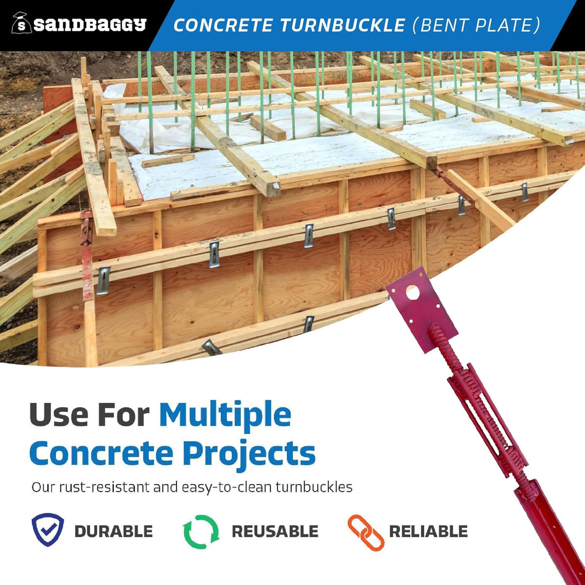 Sandbaggy Concrete Turnbuckle Form Aligner with 5" x 3" Bent Plate (35" - 37.5" Length) - Rust