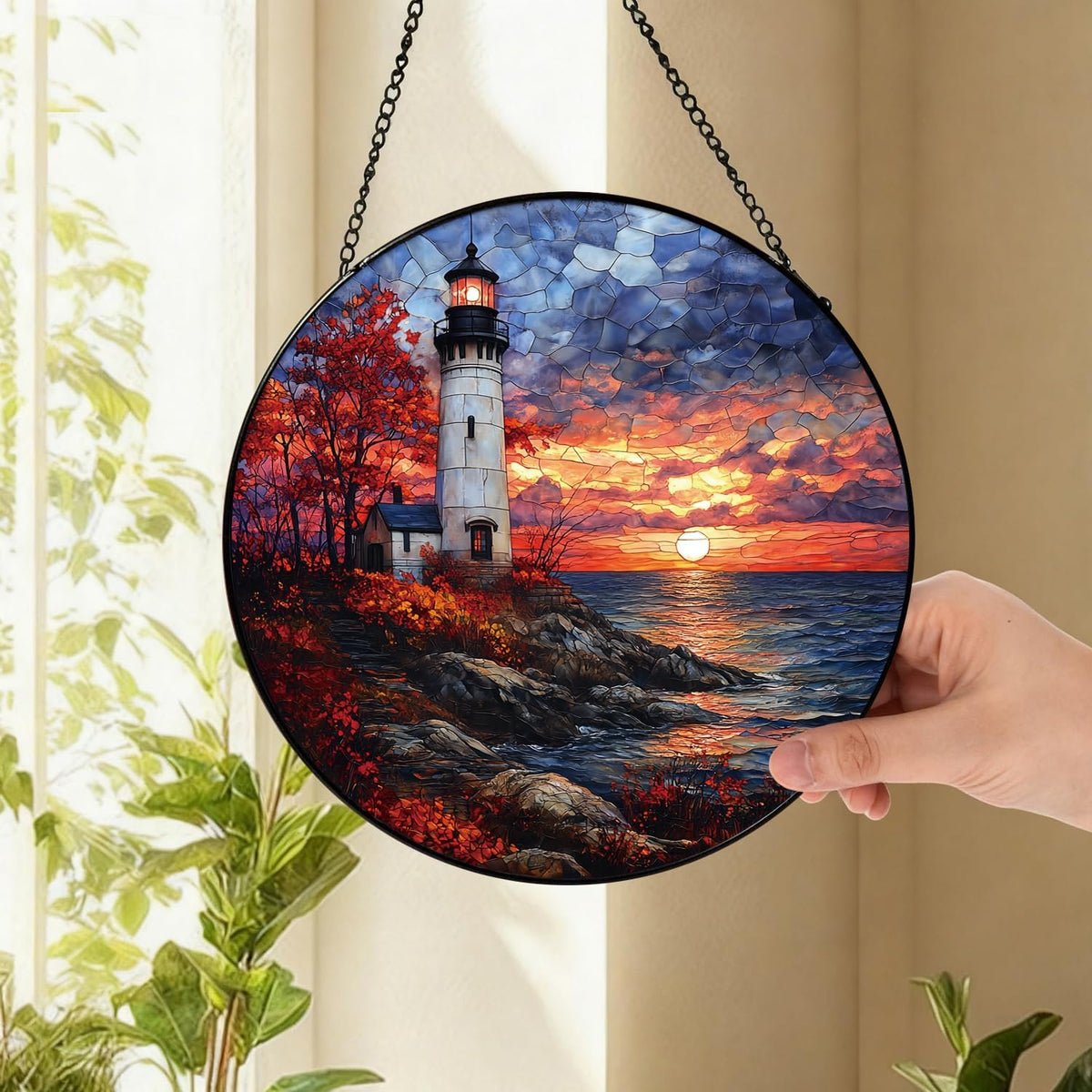 Coastal Lighthouse in Autumn Suncatcher -7.9 in Stained Glass Window Hanging Sun Catcher Garden