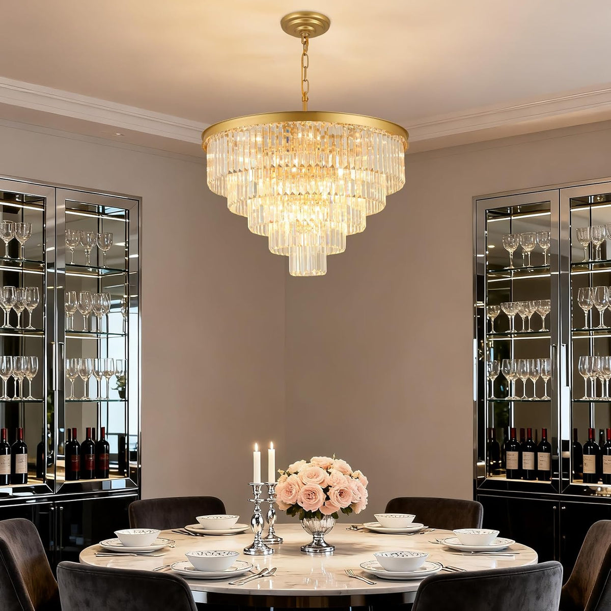 Crystal Chandeliers for Dining Room Lights Fixture Over Table, 20 Lights Gold Modern Chandeliers