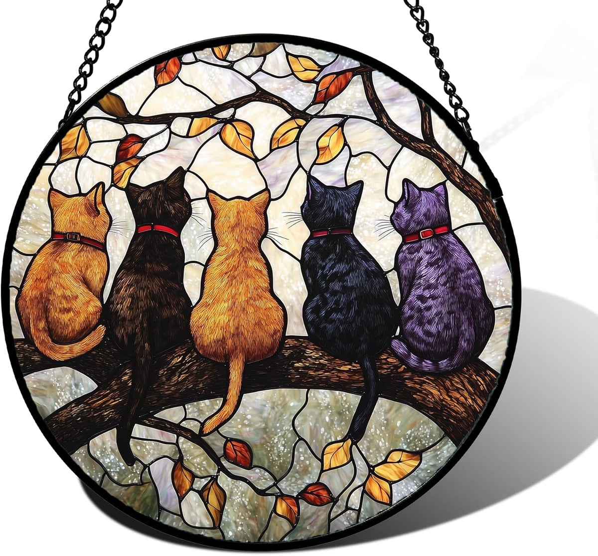 Stained Glass Window Hanging - 5 Cats on a Branch Suncatcher for Window Doors Home Decoration and