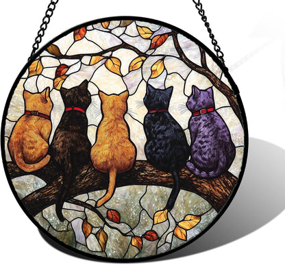 Stained Glass Window Hanging - 5 Cats on a Branch Suncatcher for Window Doors Home Decoration and
