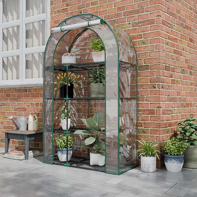 4-Tier Mini Greenhouse, 40 x 18 x 63 inch Steel Frame and PE Cover Plastic Plant Rack Stand Green