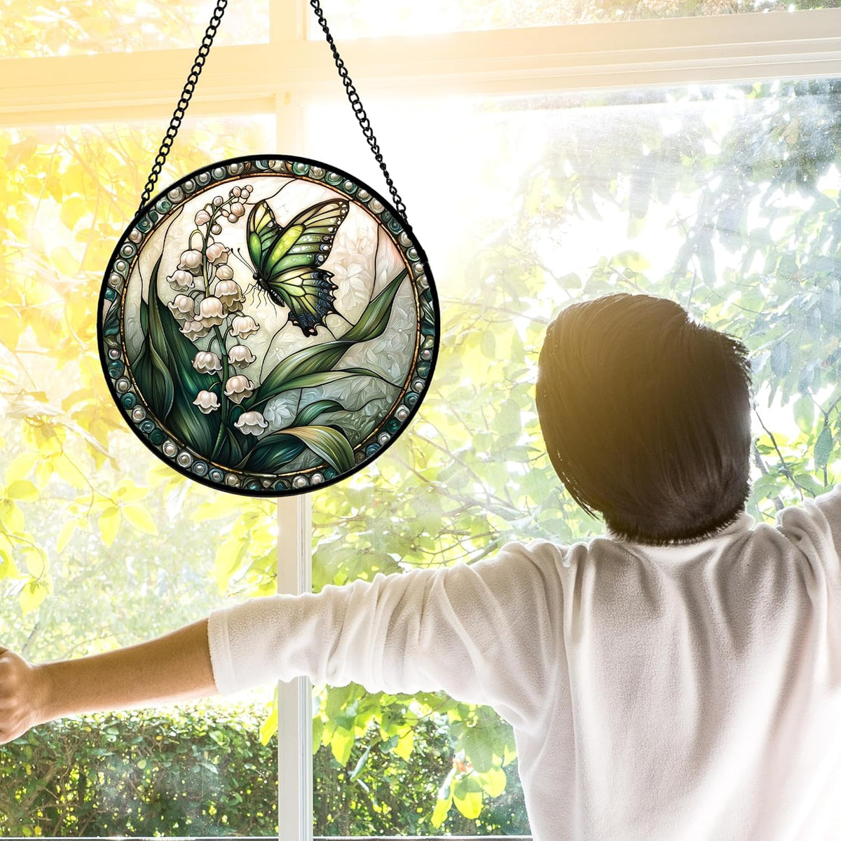 Stained Glass Window Hanging, Lily of The Valley Flower Butterfly Suncatcher for Doors Home Sun