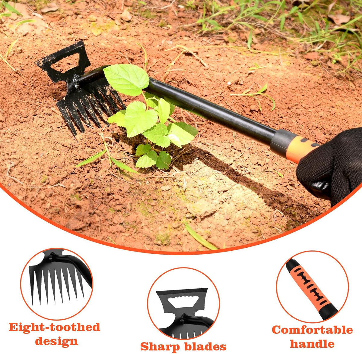 Portable Weed Removal Tool - 8-Prong Manganese Steel with Black Baked Rust-Proof Coating for Garden