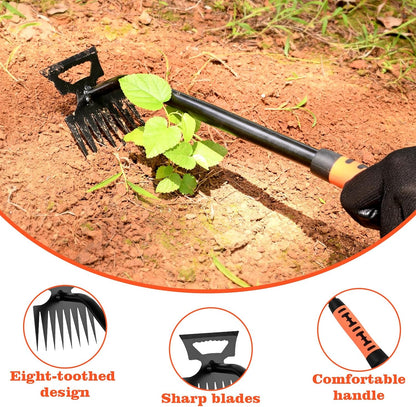Portable Weed Removal Tool - 8-Prong Manganese Steel with Black Baked Rust-Proof Coating for Garden