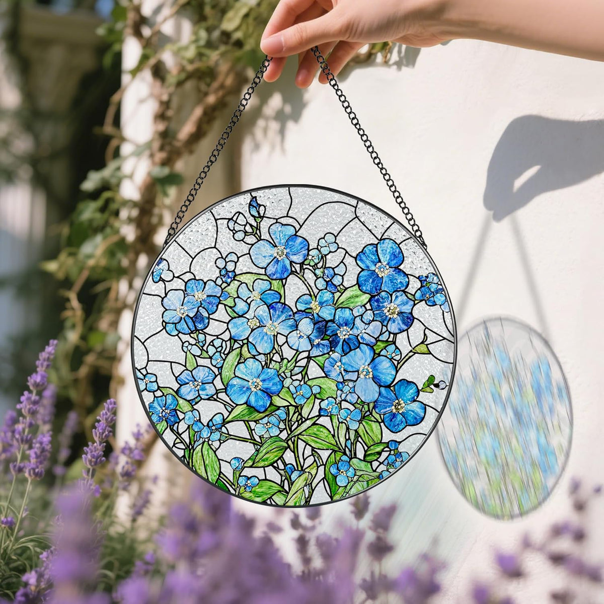 Stained Glass Window Hanging, 8 Inch Forget Me Not Stained Glass Suncatcher, Window Hanging Decor