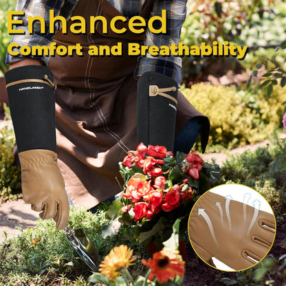 HANDLANDY Long Gardening Gloves for Men & Women, Cowhide Leather Rose Pruning Gloves, Breathable