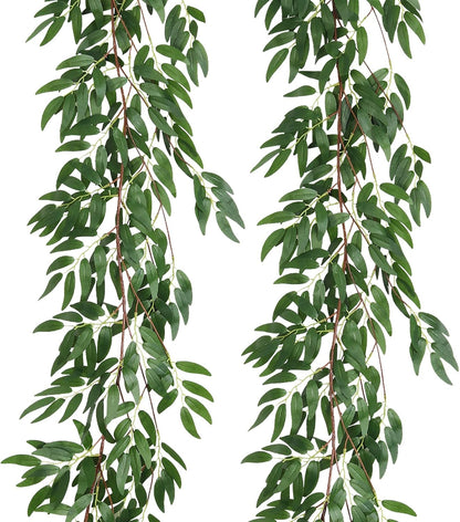 RECUTMS Artificial Willow Leaves Vine Twigs 2Pcs 5.7Ft Fake Hanging Ivy Plants Silk Green Leaf