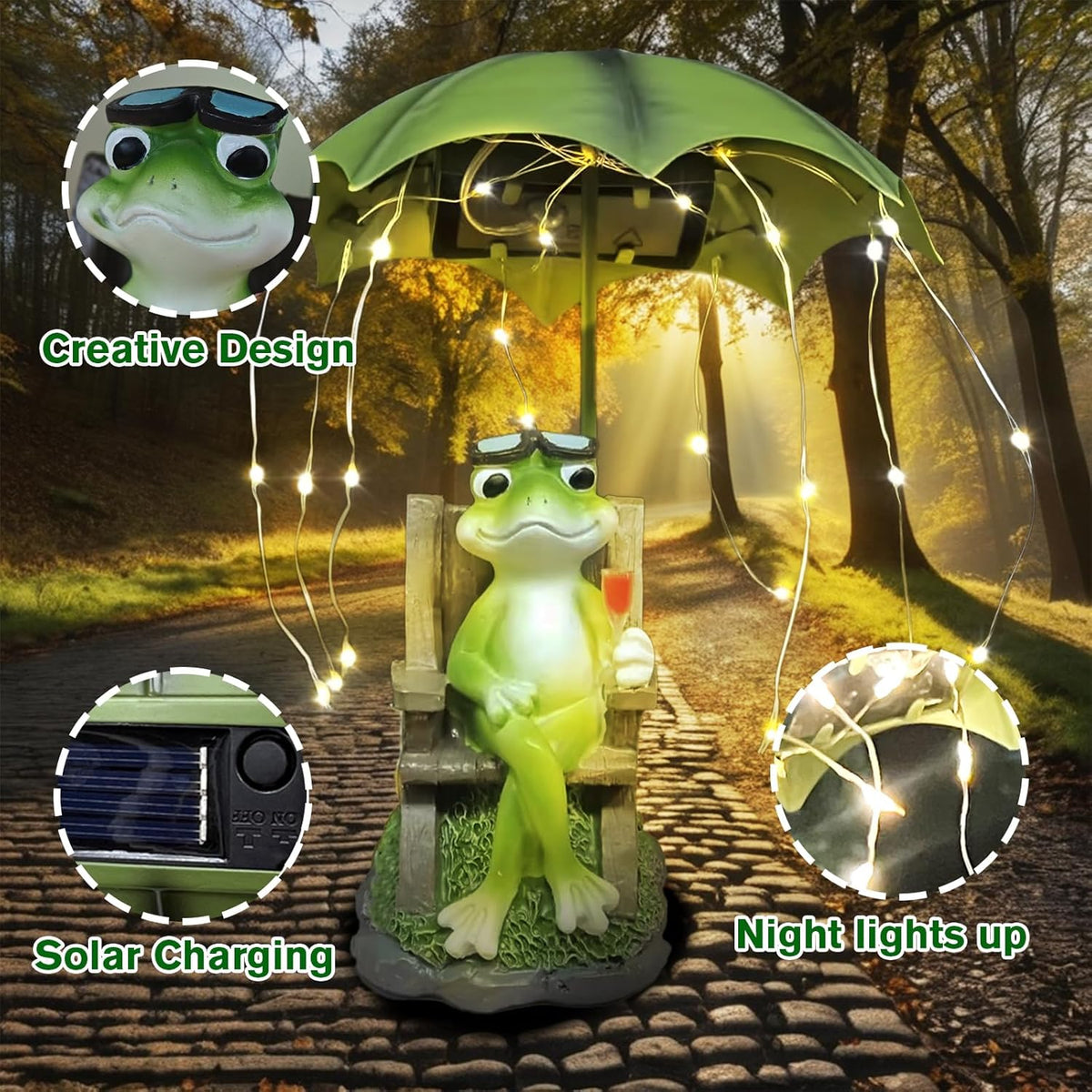 Solar Frog Outdoor Garden Statues Yard Decor - Solar Lantern LED Red Wine Frogs Umbrella Figurine