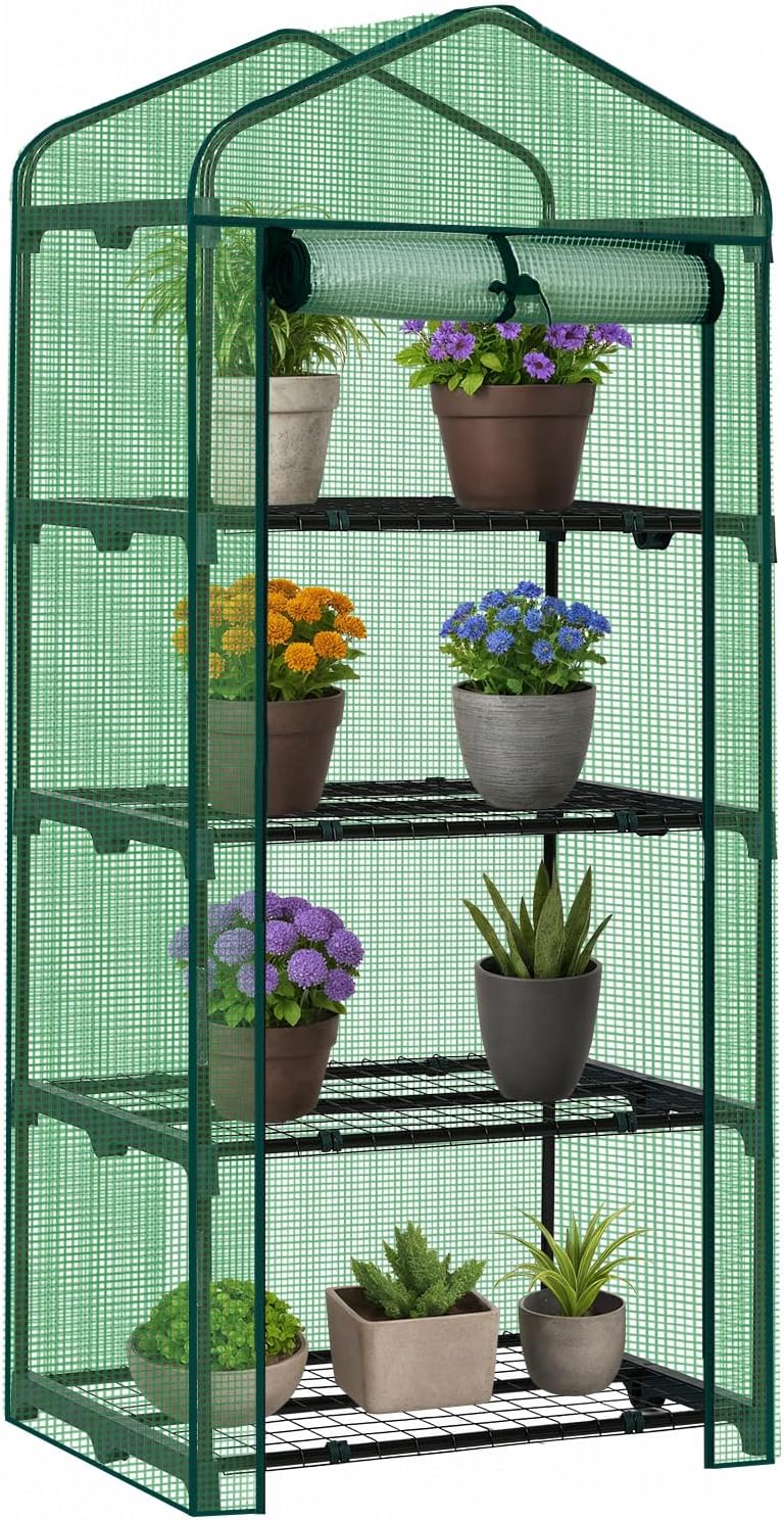 Outvita Mini Greenhouse, Small PE Plant Green House with 4 Tiers Rack, Shelf Clips, Roll-up Zipper