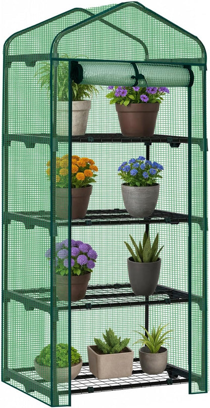 Outvita Mini Greenhouse, Small PE Plant Green House with 4 Tiers Rack, Shelf Clips, Roll-up Zipper