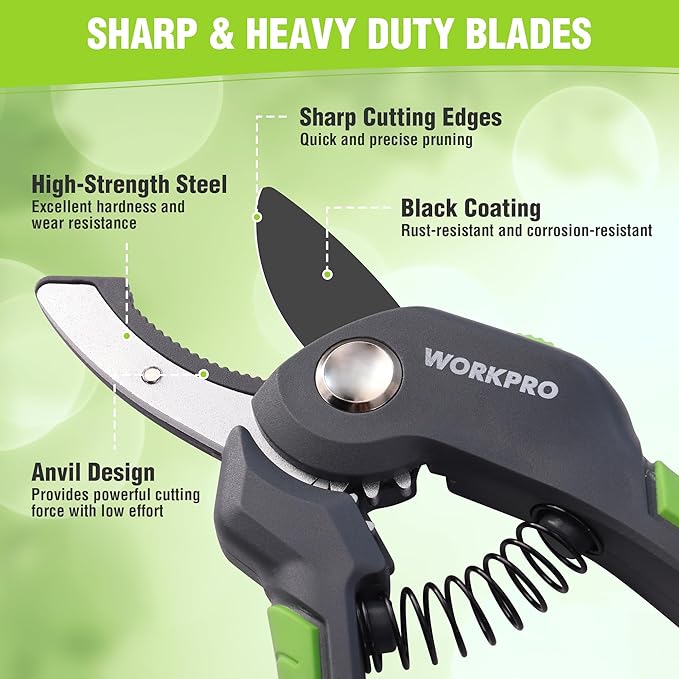 WORKPRO 8.5" Anvil Pruning Shear, Heavy Duty Garden Scissors & Clippers with Labor-Saving Design