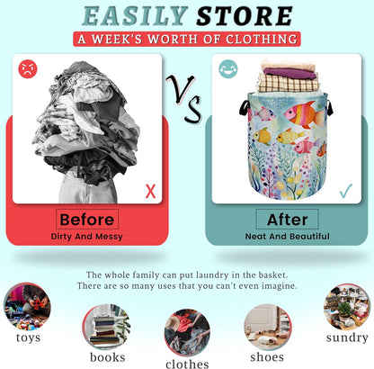 Watercolor Fish Laundry Basket Foldable With Handles Cute Fishes Tote Bag Oxford Cloth Colorful