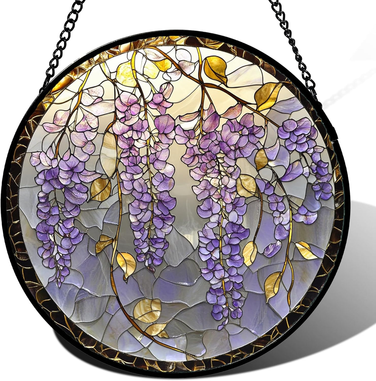 Stained Glass Window Hanging - Wisteria Flower Golden Leaves Sun Catcher for Door Home Decor Plant