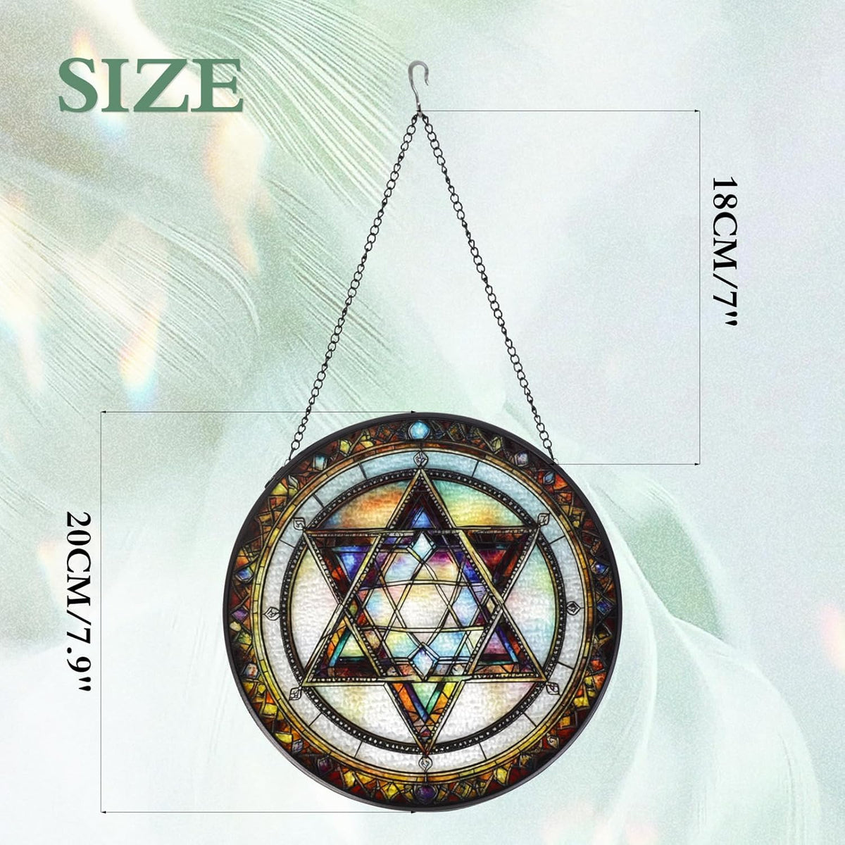 Star of David Handmade Stained Glass Window Hanging Suncatcher with Chain - 7.9" Outdoor/Indoor Art