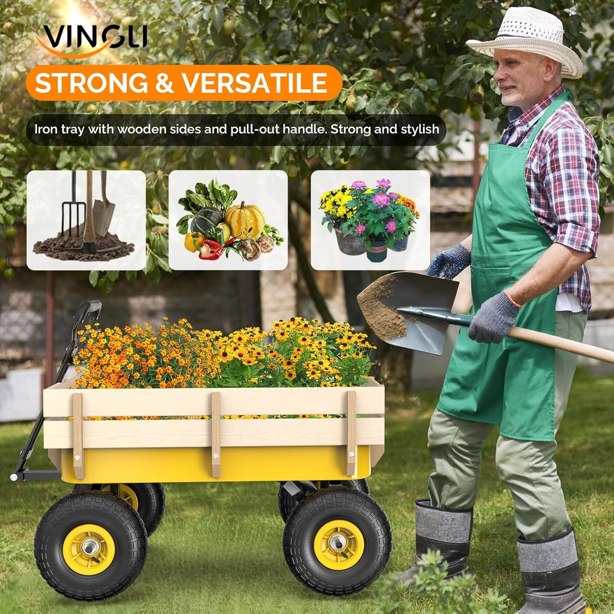 VINGLI Wagon Cart, Steel Frame and Wood Coated Railing, 330lbs All Terrain Wagon 9.2in Solid Tires
