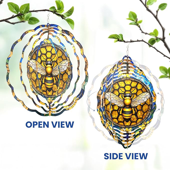 FLAGWIX Christmas Bee Wind Spinners Outdoor - 3D Stainless Steel Metal Wind Spinners 12 in - Bee