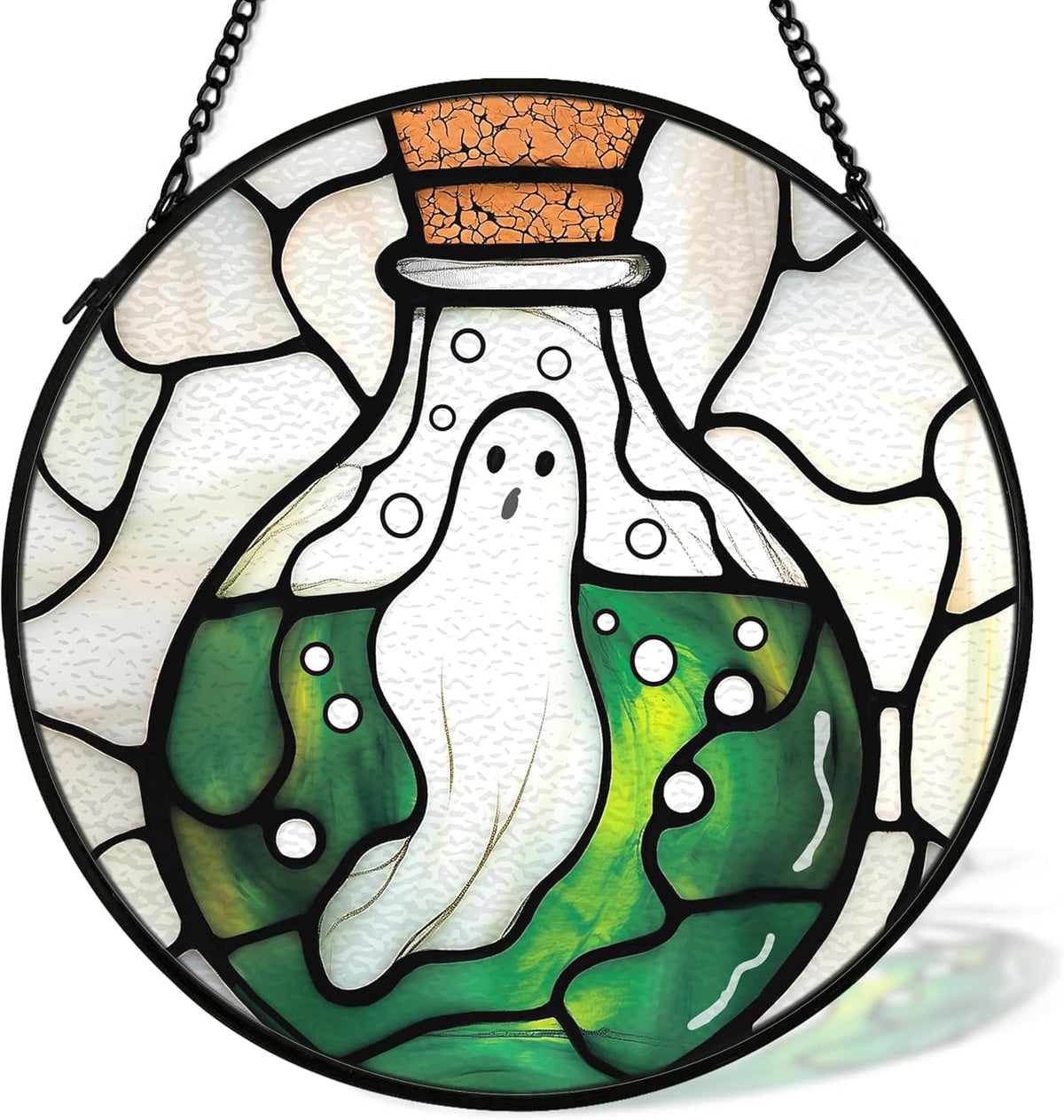 Halloween Ghost Witchy Suncatcher Stained Glass Window Hanging Decor, Whimsical Spooky Stained