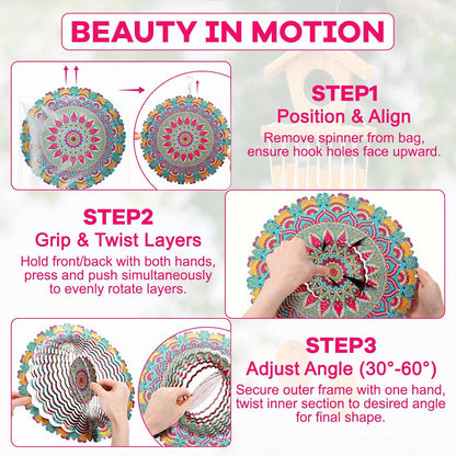 12 Inch Mandala Wind Spinners with Gazing Ball Spiral Tail, Outdoor 3D Stainless Steel Hanging