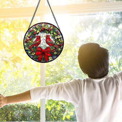 Stained Glass Window Hanging - Cardinals Green Wreath Suncatcher for Doors Home Christmas