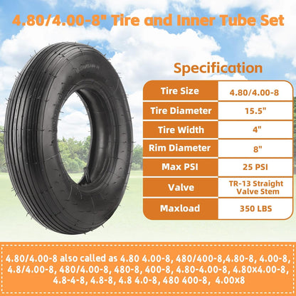 (1-Set) RRQ 4.80/4.00-8" Tire and Inner Tube Set, Universal Replacement Pneumatic Tires, Fits
