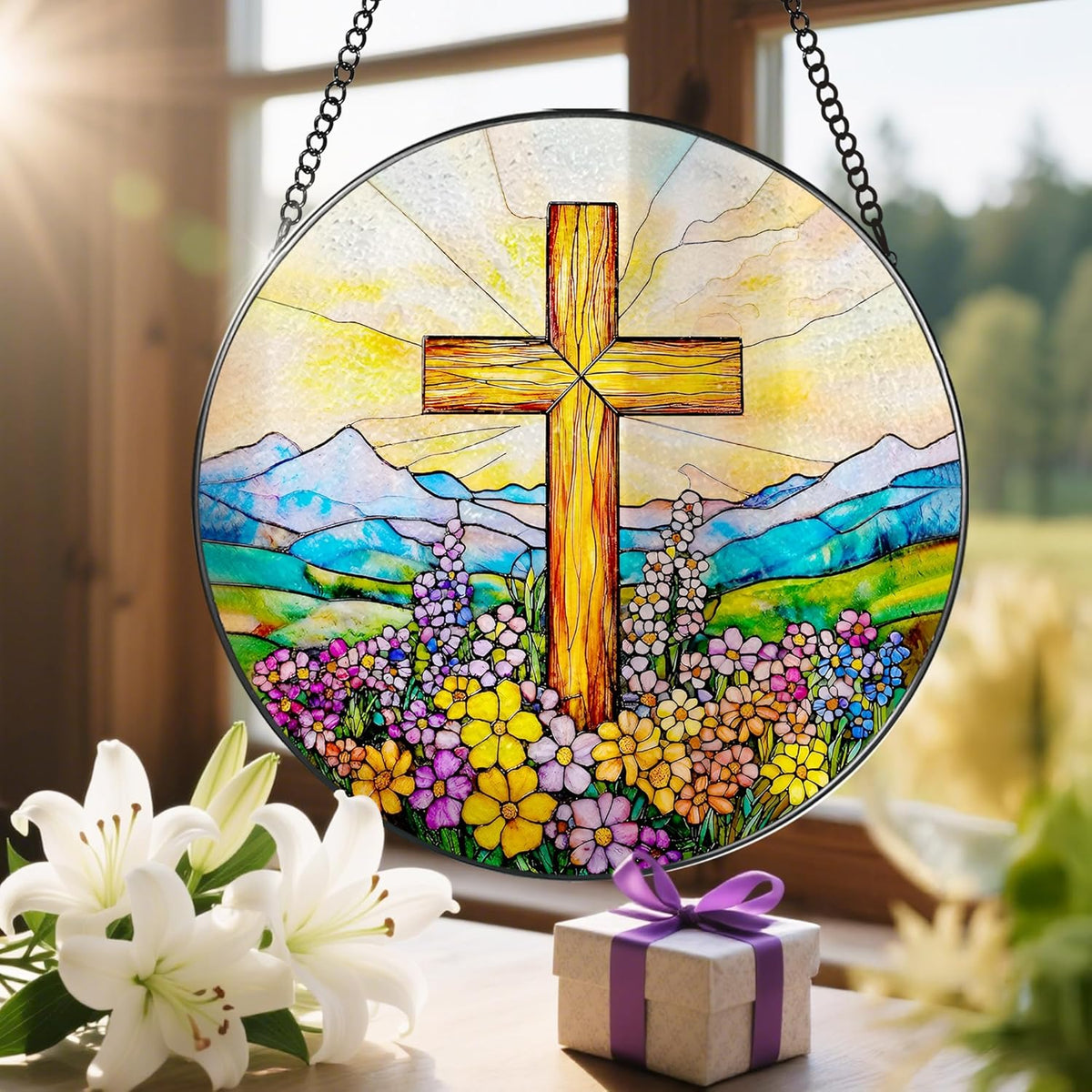 8 Inch Cross Wildflower Stained Glass Suncatcher, Christian Stained Glass Window Hanging, Religious