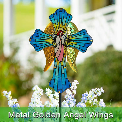 WAIU 33 Inch Solar Cross Garden Light Outdoor Decorative - Solar Acrylic Jesus and Metal Angel