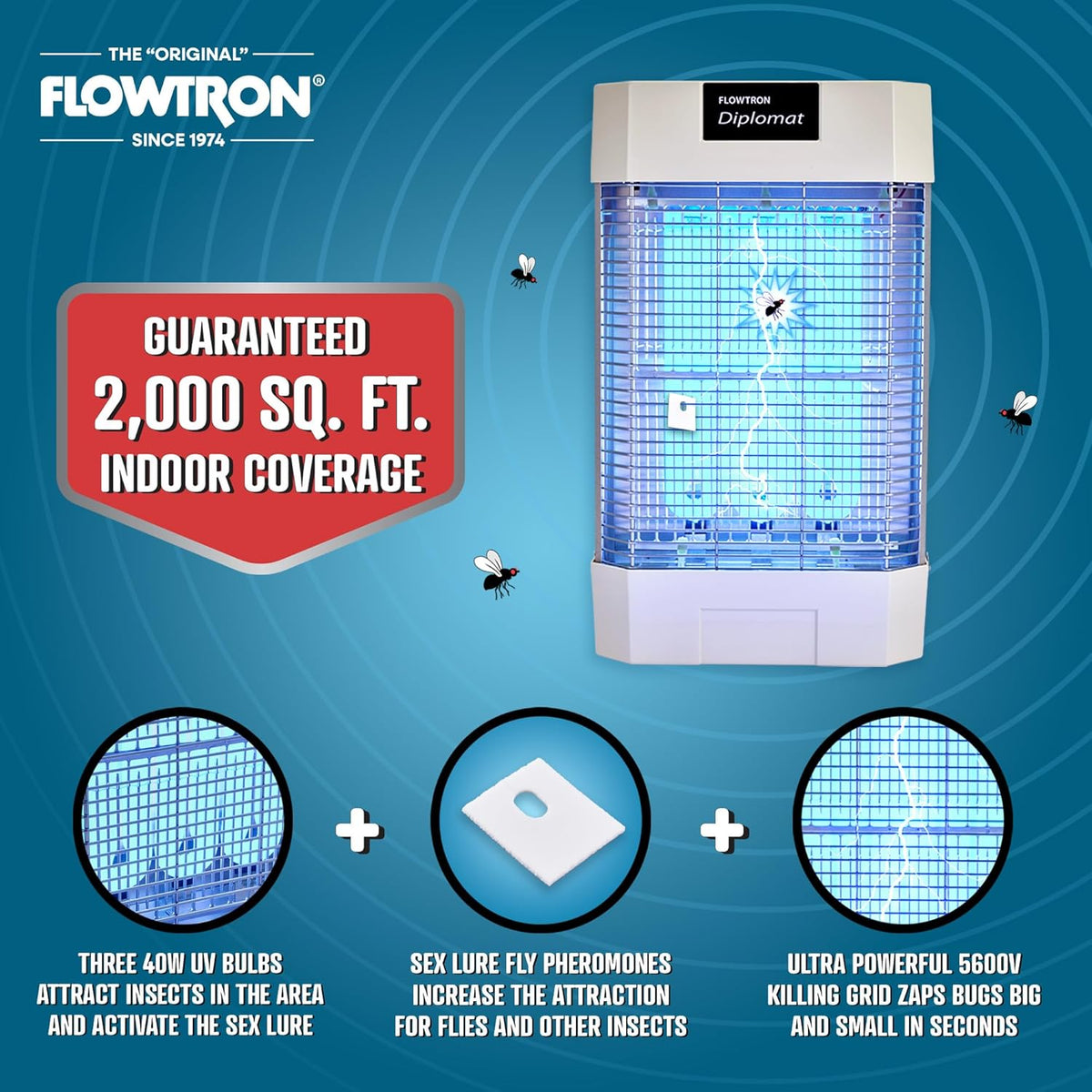 Flowtron Indoor Bug Zapper | Electric Fly & Insect Killer with 120W UV Light, Pheromone Lure