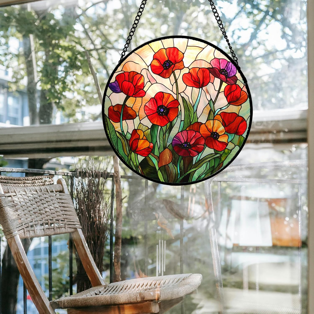 Stained Glass Window Hanging - Poppy Birth Flowers Suncatcher for Door Garden Yard Wildflowers Sun