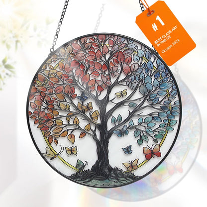 Large Tree of Life Garden Suncatcher, Stained Glass Window Hanging, Suncatchers for Windows
