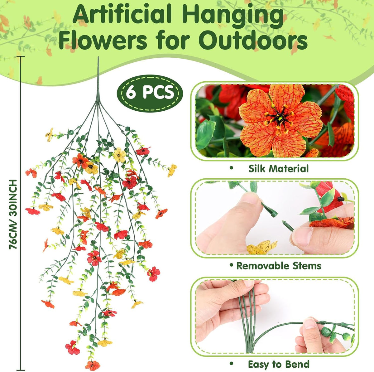 6 Pcs Artificial Fall Hanging Flowers Outdoor Silk Mum Plants Autumn Decor Faux Violet with
