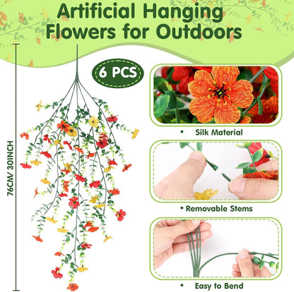 6 Pcs Artificial Fall Hanging Flowers Outdoor Silk Mum Plants Autumn Decor Faux Violet with