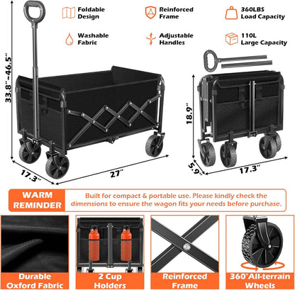 Wagons Carts Foldable, Collapsible Wagon, Foldable Wagon Cart with Wheels, Folding Wagons for Beach