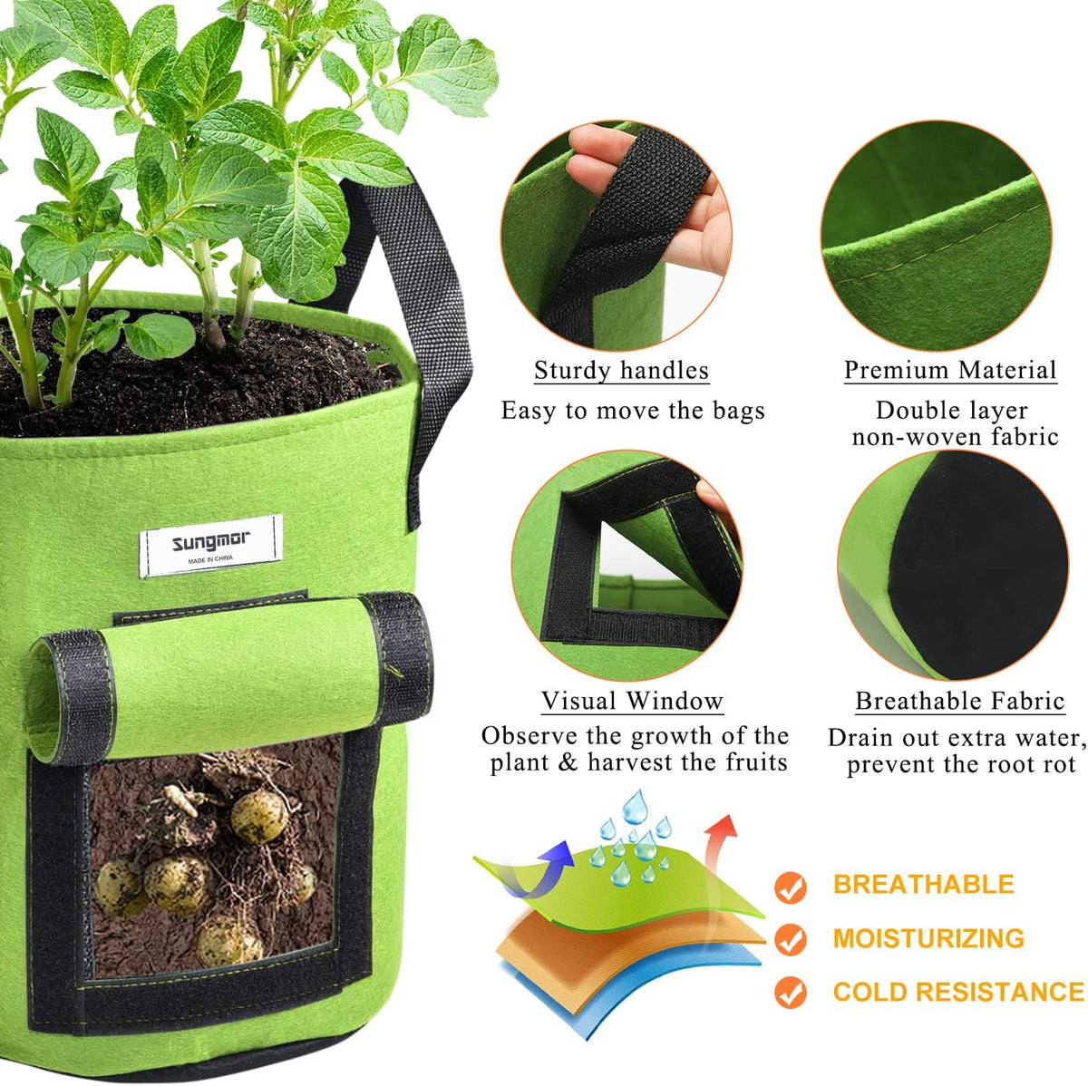 Sungmor 3PC Large Fabric Pots, Grow Bags for Plants 10 Gallon Patio Garden Bags Cloth Pots, Heavy