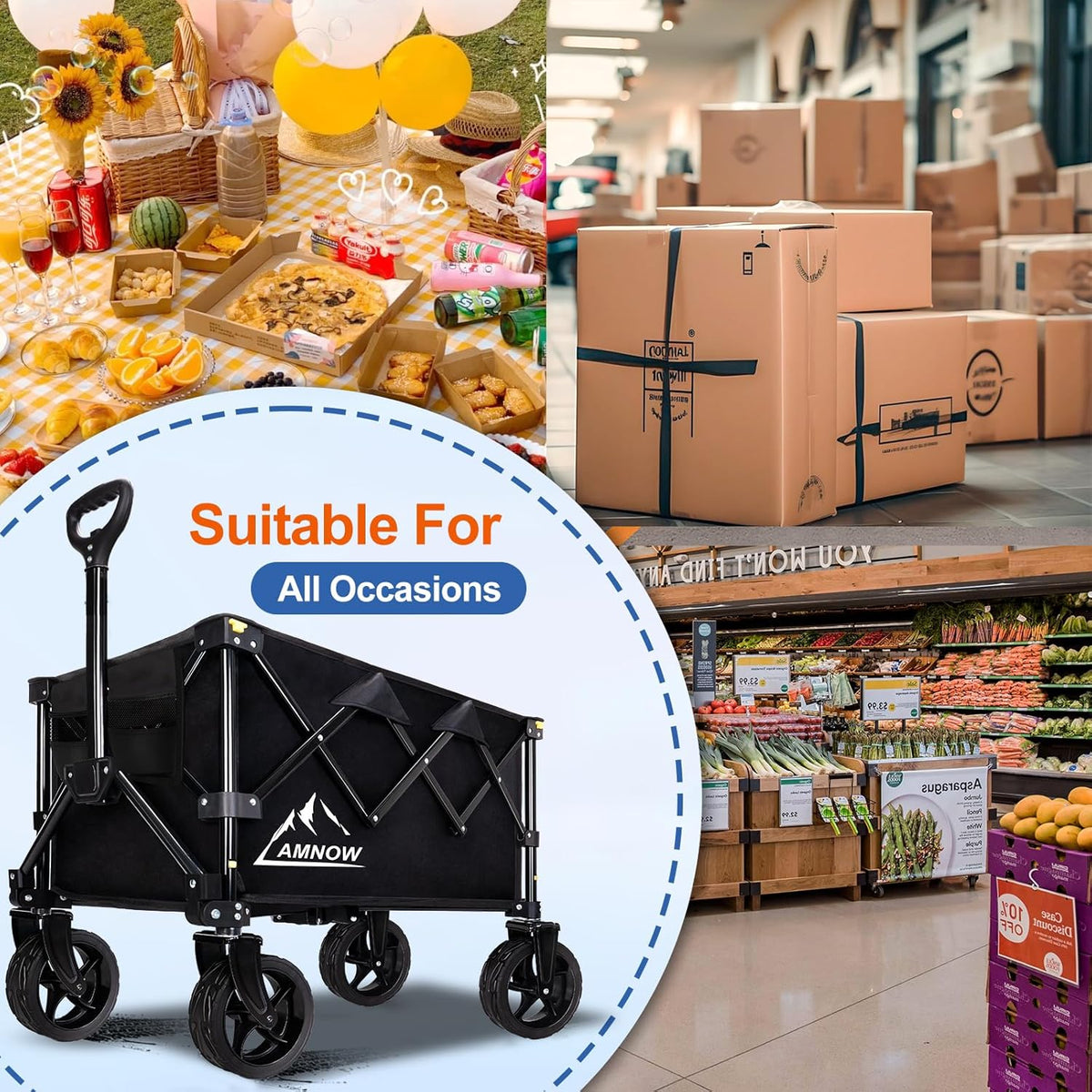 Collapsible Wagon Cart with Wheels Foldable, Folding Wagons Carts with Silent Universal Wheels