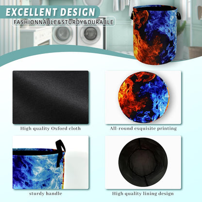 Red Blue Fire Flame Laundry Basket Foldable With Handles Cool Tote Bag Oxford Cloth Colorful