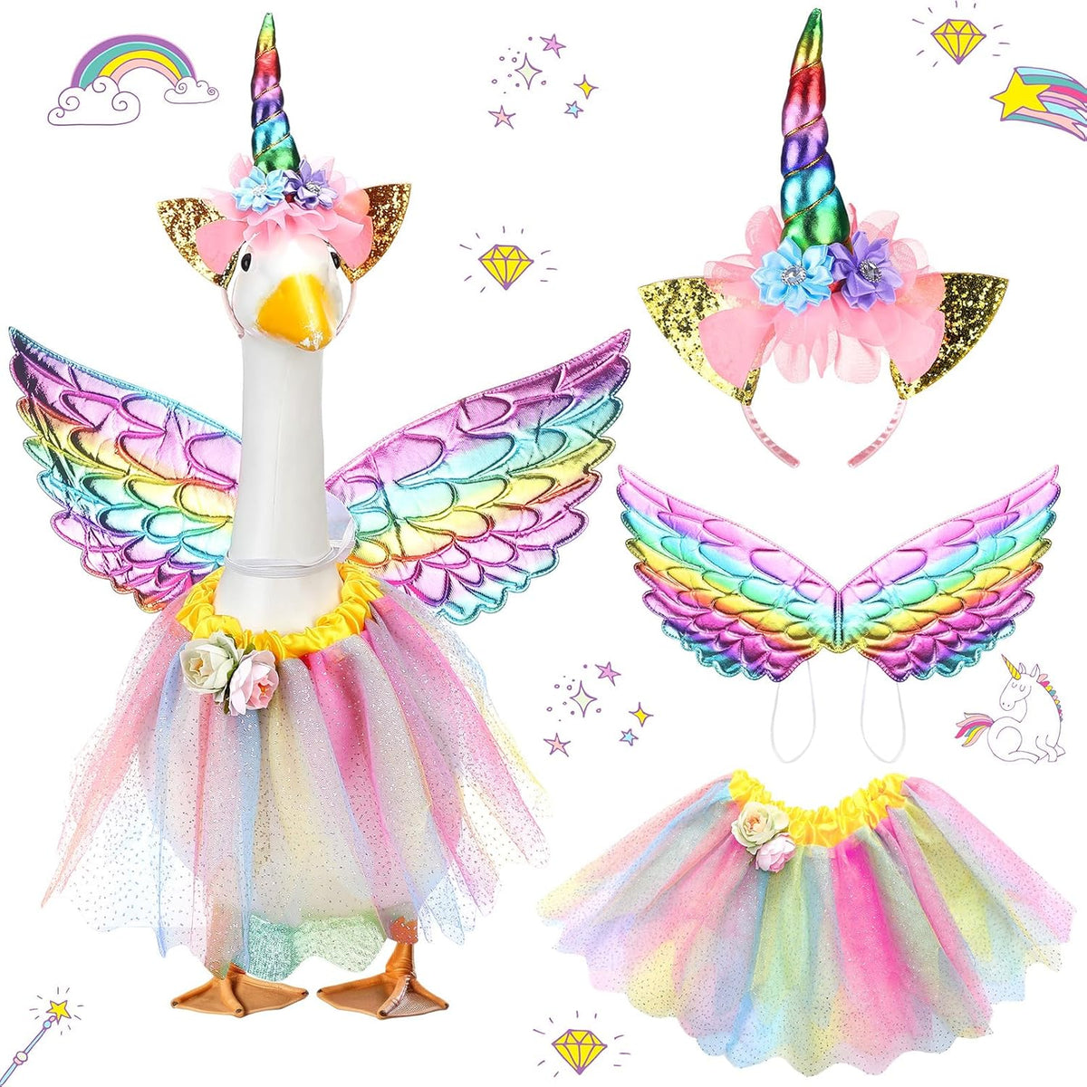Abbylike Unicorn Goose Outfits Halloween Porch Goose Costume for 23'' Cement Statue Unicorn
