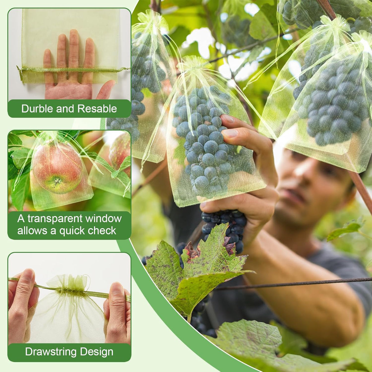 SATINIOR 160 Pcs Fruit Protection Bags, Green Netting Bags, Fruit Cover Mesh Garden Organza Bag