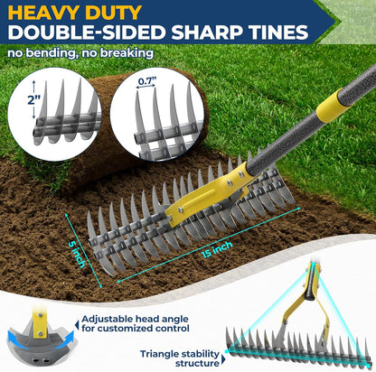 Rake, 70" Heavy Duty Metal Dethatcher Rake with 15" Wide Double-Edged Sharp Tines Thatch Rakes for