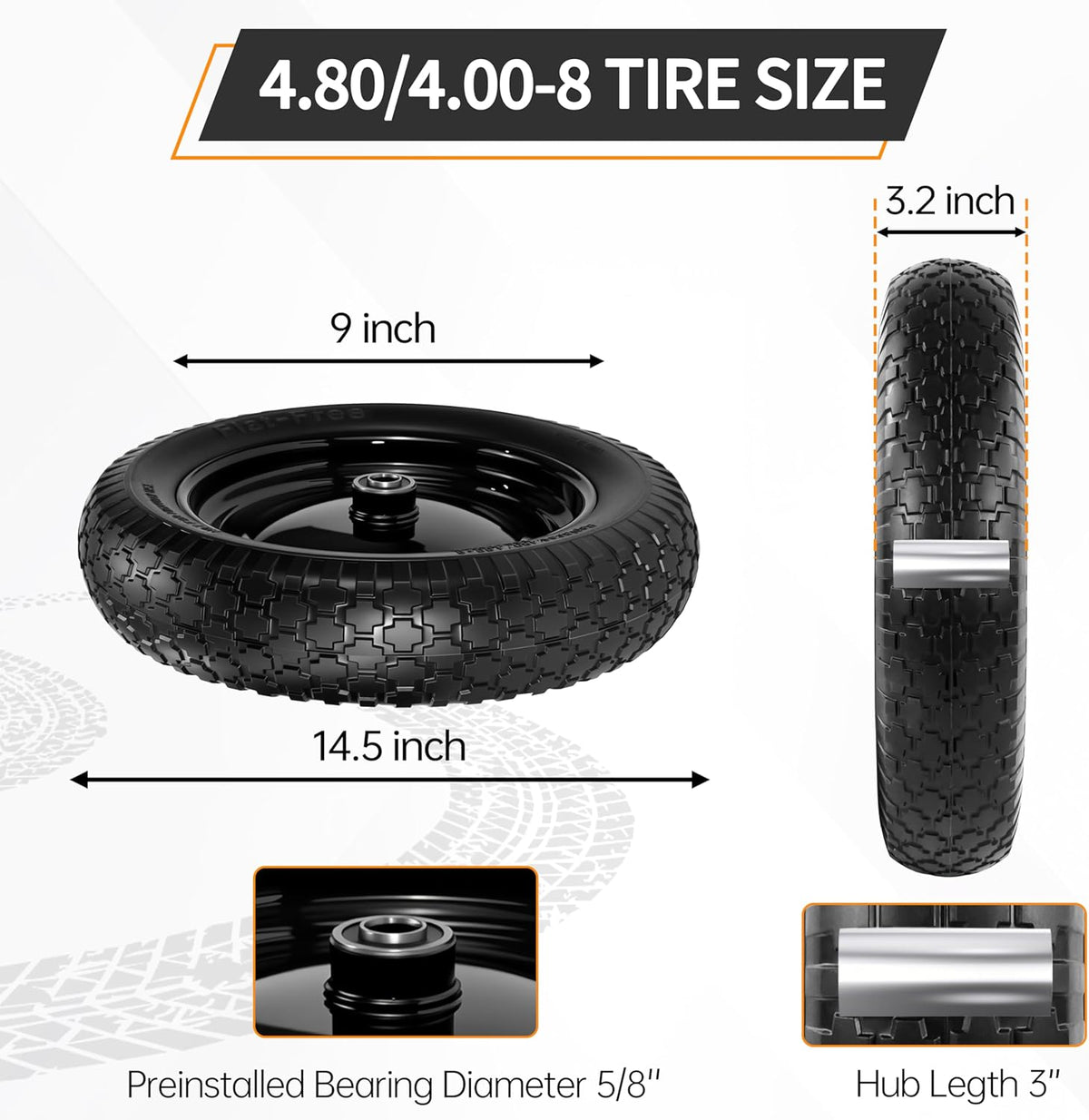2 PCS 4.80/4.00-8 Flat Free Tire and Wheel, 14.5 Solid Wheelbarrow Tires, 5/8" 3/4" Bearings，3"-7"