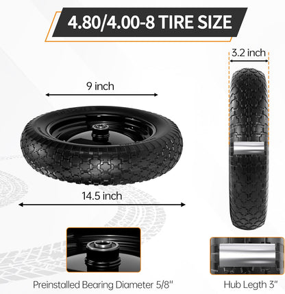 2 PCS 4.80/4.00-8 Flat Free Tire and Wheel, 14.5 Solid Wheelbarrow Tires, 5/8" 3/4" Bearings，3"-7"