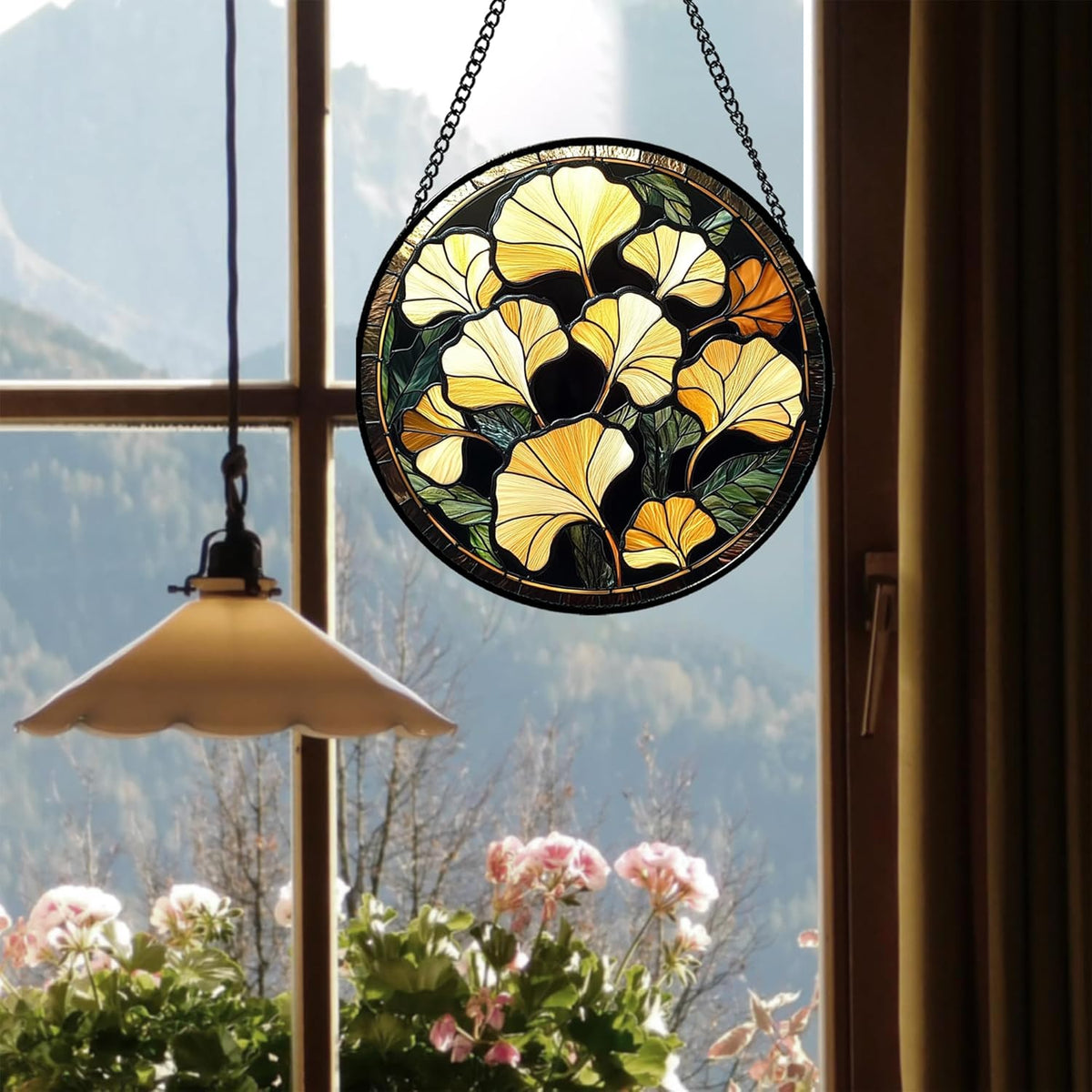 Stained Glass Window Hanging - Ginkgo Leaf Suncatcher for Doors Garden Patio Retro Fall Decor Sun