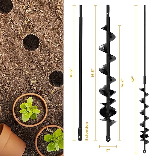 Auger Drill Bit for Planting 2x32'' - with Extension - Spiral Hole Planter for Bulbs, Fence Posts