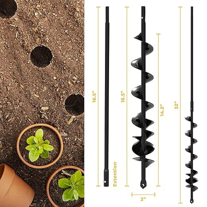 Auger Drill Bit for Planting 2x32'' - with Extension - Spiral Hole Planter for Bulbs, Fence Posts