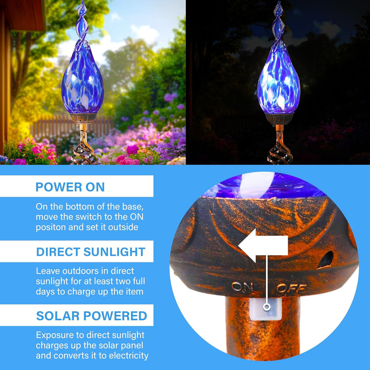 Solar Garden Lights Outdoor, Decorative LED Flame Garden Stakes, Hand Blown Glass and Outdoor