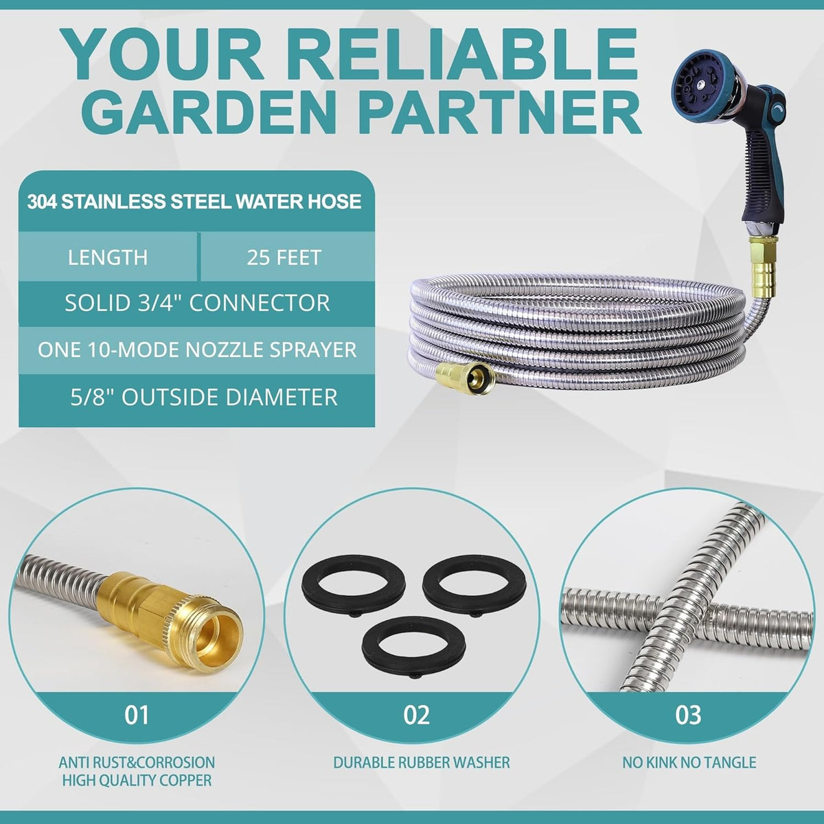 25FT Garden Hose, 304 Stainless Steel Water Hose, Flexible with a 10-Mode Nozzle Sprayer, No Kink