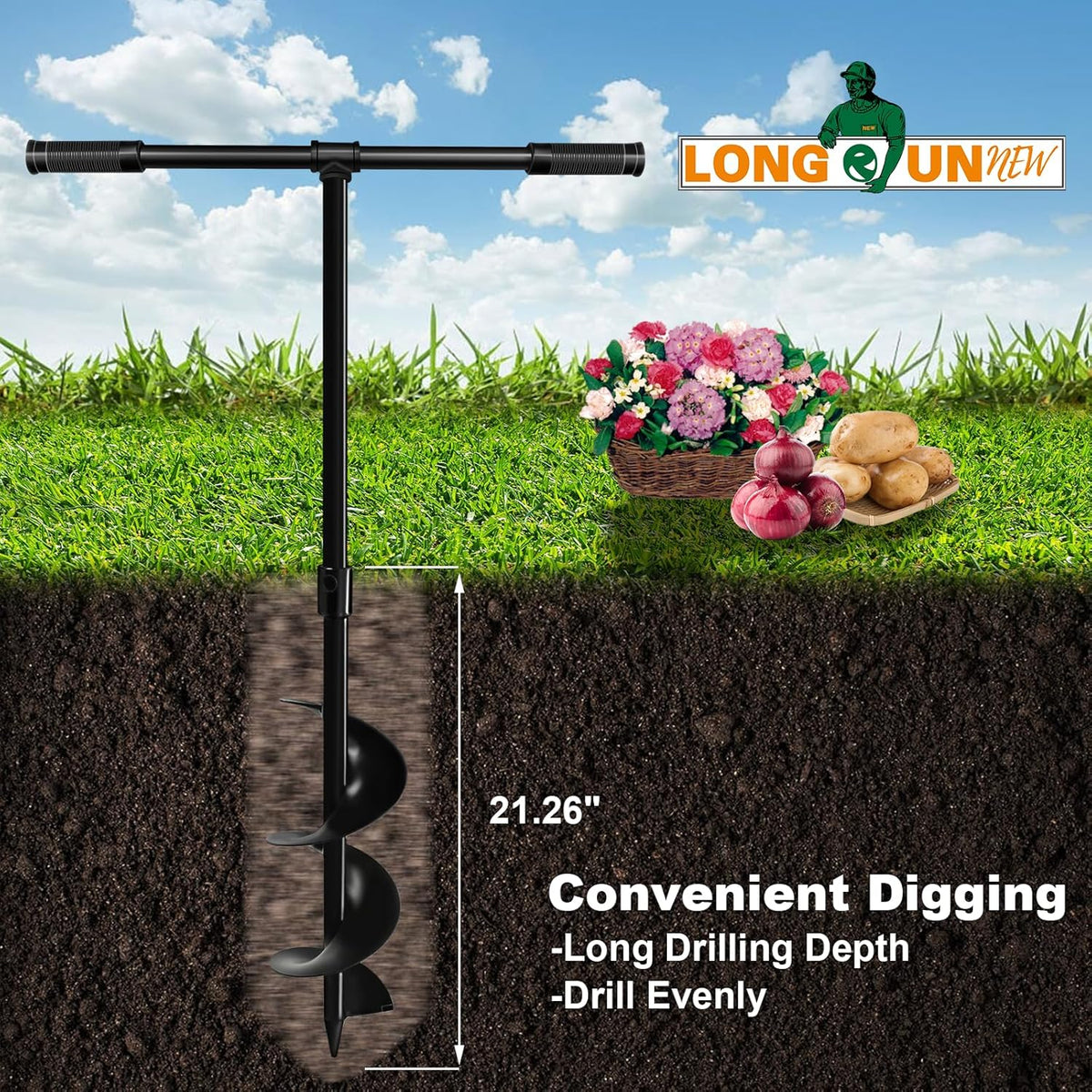 Heavy-Duty Manual Garden Auger Drill Bit - 6" x 38" Plant/Fence Hole Digger for Bulbs, Trees