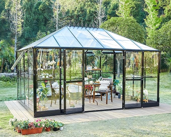 Jocisland 14x9.5x9 FT Outdoor Aluminum Greenhouse with Quick Connect Fittings, 6 FT Height Double