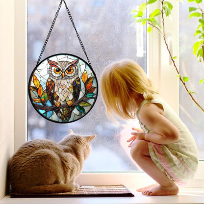 Stained Glass Window Hanging, Owl Colorful Leaves Birds Sun Catchers Diamond Glass Panel Hangings