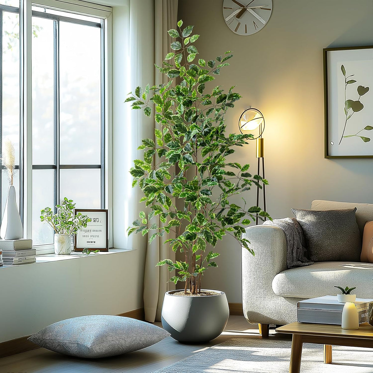 Artificial Ficus Tree Indoor 5ft, Large Potted Faux Tree with Realistic Silk Leaves & Trunk for